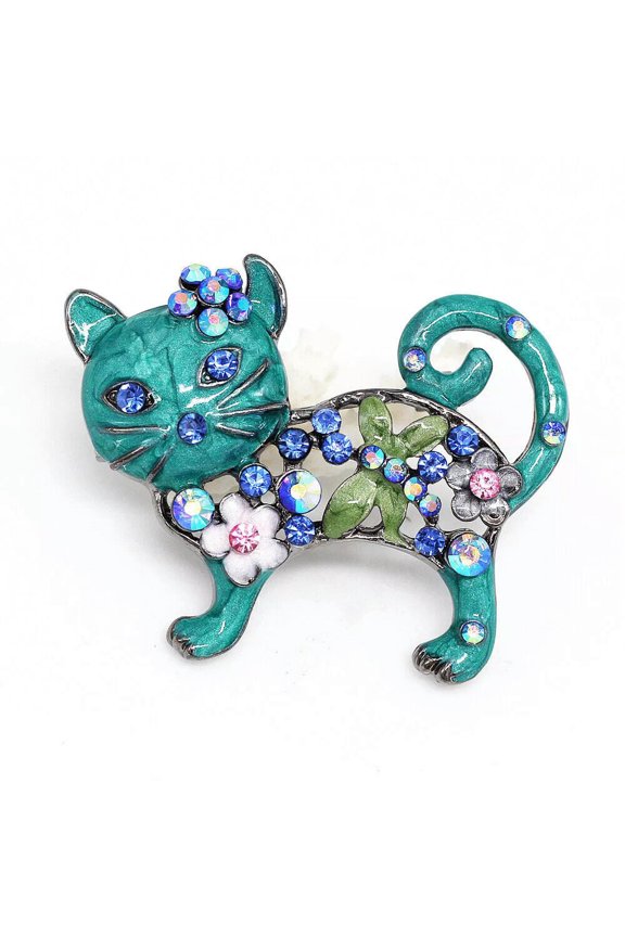Sea Blue Enamel Crystal Cute Cat Kitten Charm Animal Brooch Pin Womens Jewelry -default