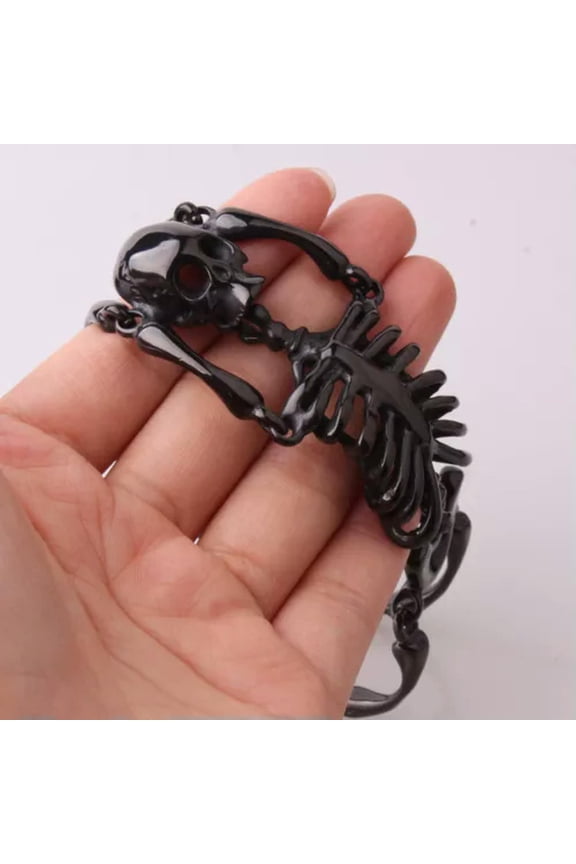 Silver/Gold/Black Gothic Stainless Steel Skeleton Skull Bracelet For Men 8.26in-Black