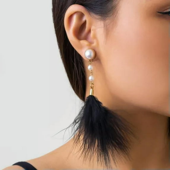 QQTDFG Simplicity Feather Tassel Imitation Pearl Earrings Fashion Earrings-Black