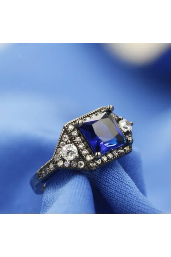 Size7, 8,9, Rare Blue Crystal 18K Black Gold Filled Man's Fashion Solitaire R03-8