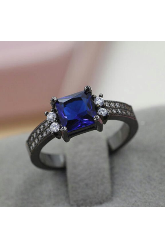 Size7, 8,9, Rare Blue Crystal 18K Black Gold Filled Man's Fashion Solitaire R10-8