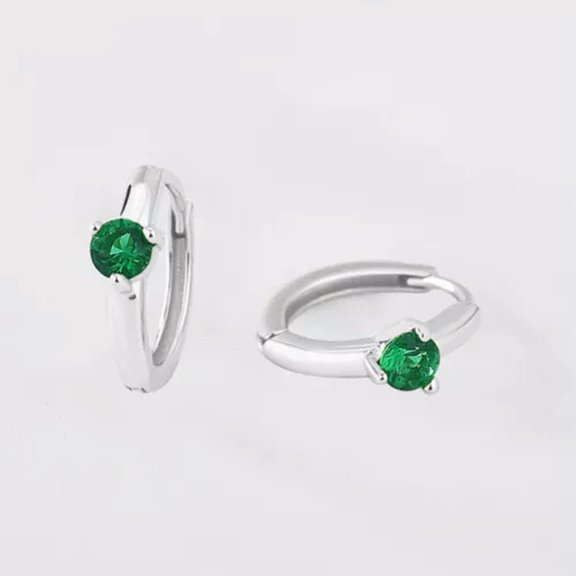 QQTDFG Solitaire CZ Crystal Sterling Silver Hoop Earrings A4298-C - Silver with Green Stone