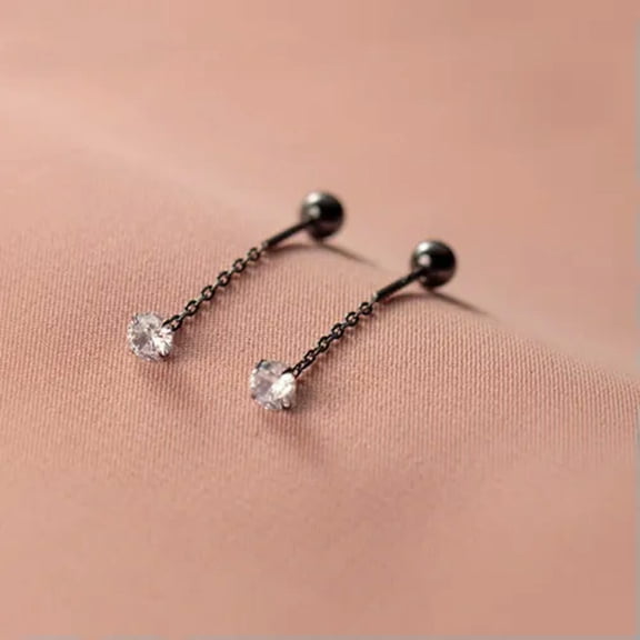 QQTDFG Solitaire Round CZ Sterling Silver Ear Threader Thread Screw Ball Earrings A4106-Black