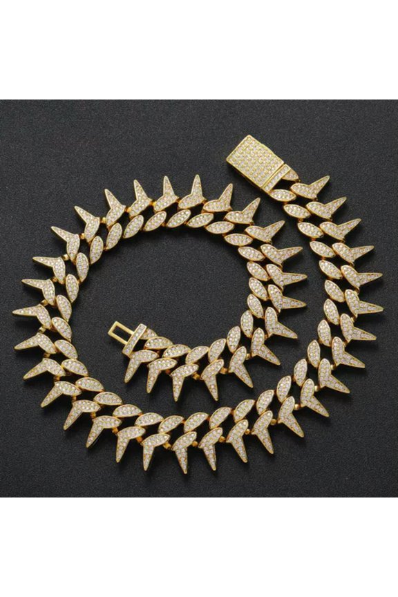 Spikes Mens Cuban Link Chain Iced Flooded CZ Hip Hop Bracelet Necklace A9409-yellow gold plated-Necklace - 18" - 45 cm