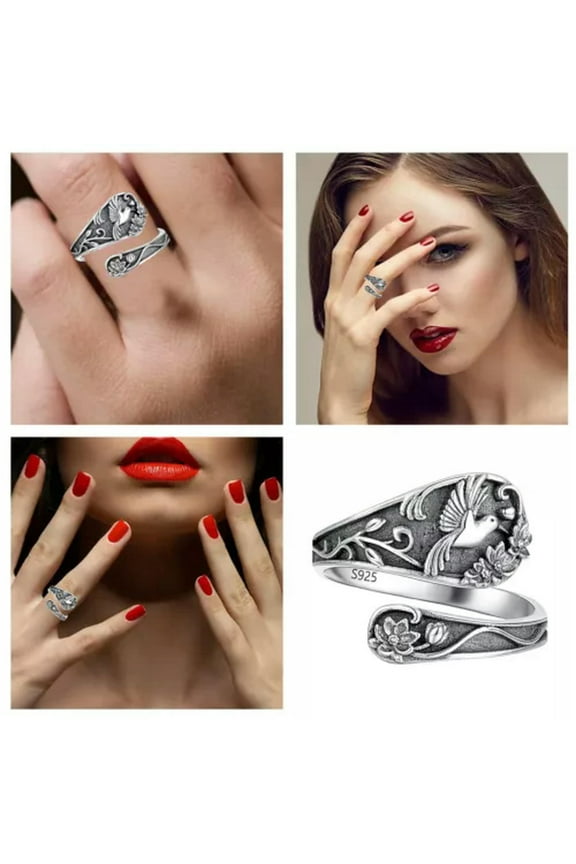 Spoon Ring Hummingbird Ring Vintage Antique Spoon Rings Adjustable Thumb Rings-Silver-A