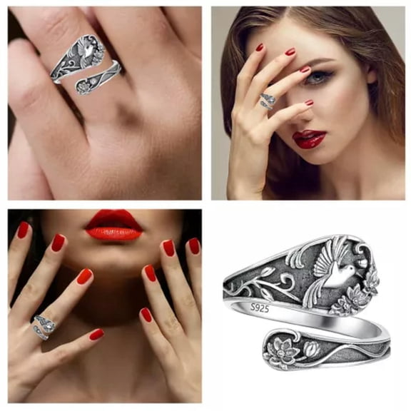 QQTDFG Spoon Ring Hummingbird Ring Vintage Antique Spoon Rings Adjustable Thumb Rings-Silver-D
