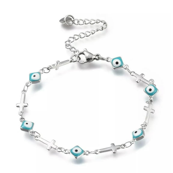 QQTDFG Stainless Steel Bracelet Enamel Lobster Evil Eye Cross Silver Turquoise 7" Z191-default