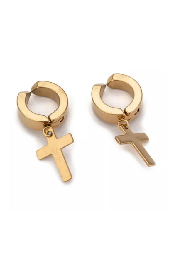 Stainless Steel Cross Clip-on Earrings Hypoallergenic Gold Silver Purple Z342-Gold