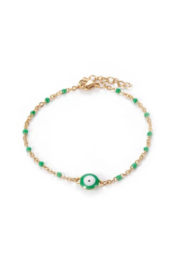 Stainless Steel Enamel Chain Bracelet Lobster Evil Eye Gold Adjustable 2mm A110-Green