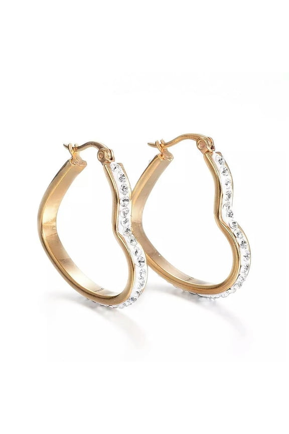 Stainless Steel Hoop Earrings Polymer Clay Rhinestone Heart Gold 30x28x4mm P346-default