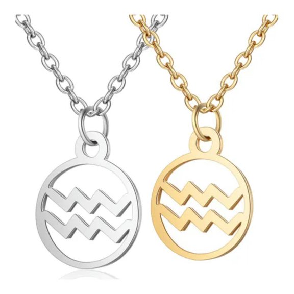 QQTDFG Stainless Steel Pendant Necklace Lobster Zodiac Sign Gold Silver 16.3" 2mm Z578-Aquarius-Gold