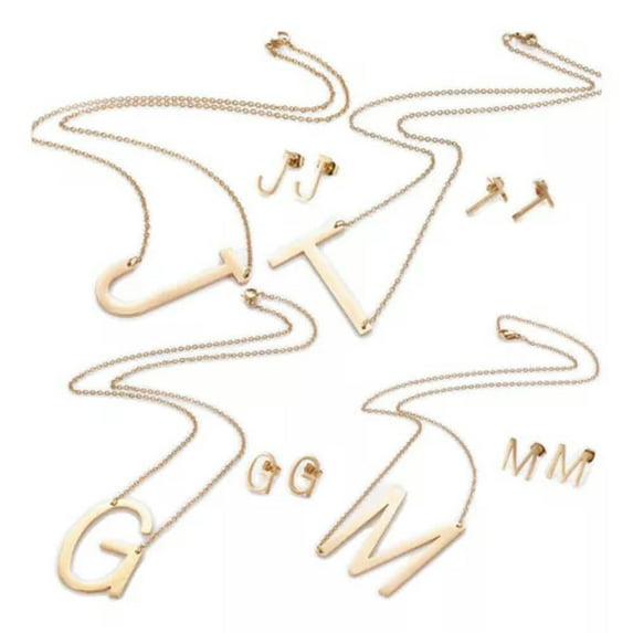 QQTDFG Stainless Steel Set Earring Pendant Necklace Alphabet Initial Letters 18" Z779-V