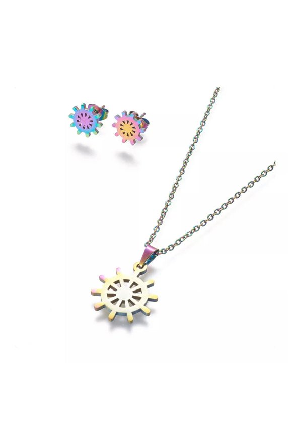 Stainless Steel Set Stud Earring Pendant Necklace Wheel Ship Helm 17.7" P482-default