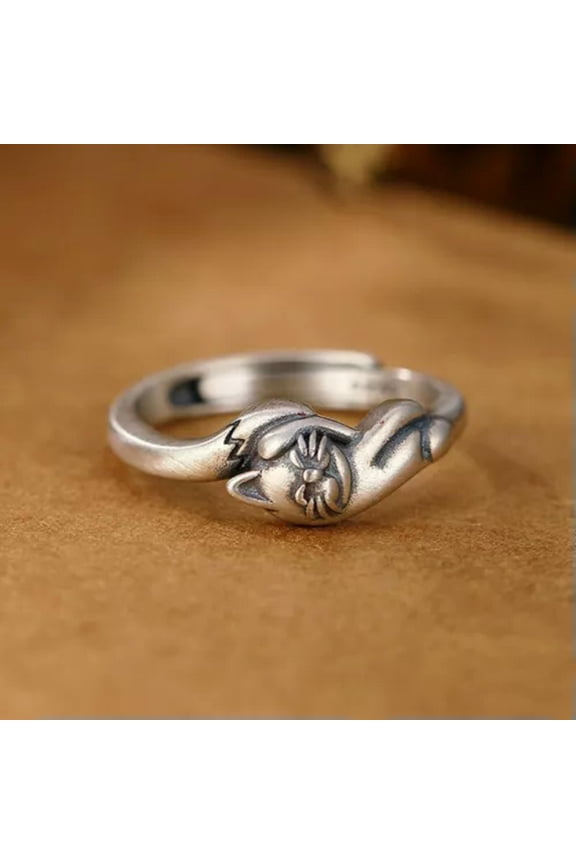 Sterling Silver 925 Cute Brushed Cat Adjustable Thumb Ring A3127-8 - adjustable