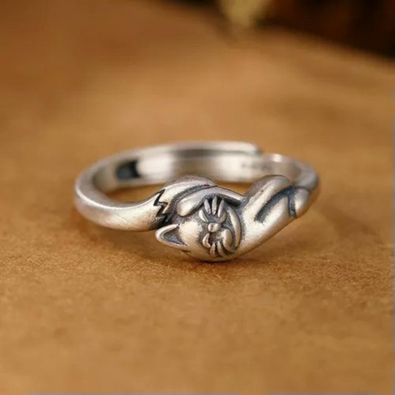 QQTDFG Sterling Silver 925 Cute Brushed Cat Adjustable Thumb Ring A3127-9 - adjustable