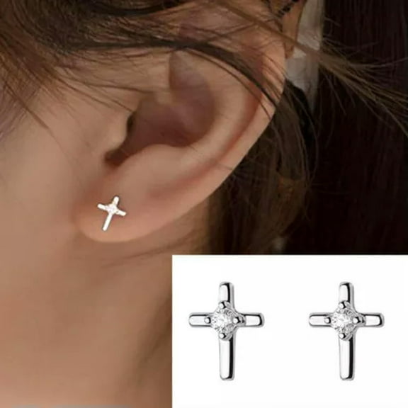 QQTDFG Sterling Silver 925 Cute Cross CZ Stud Earrings Women Jewelry A1602-Silver