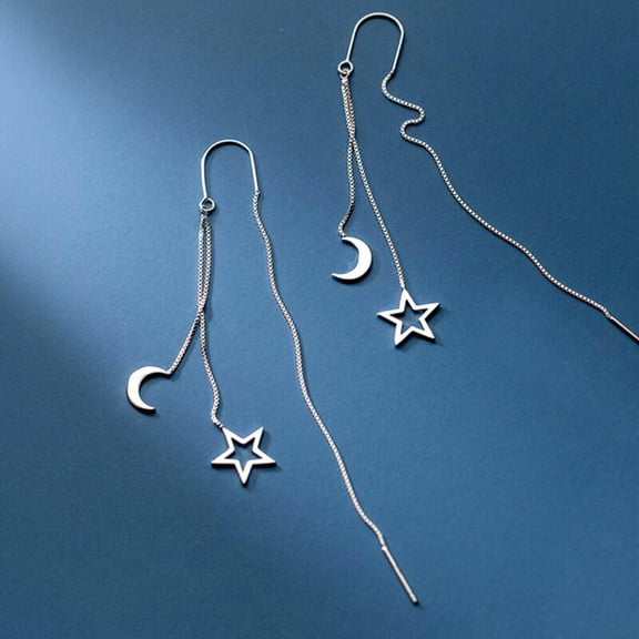 QQTDFG Sterling Silver 925 Moon Star Dangle Threader Ear Thread Through Earrings A4275-default