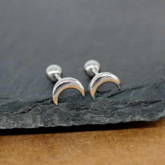 QQTDFG Sterling Silver 925 TINY Cute Crescent Moon Screw Back Stud Earrings A4119-Silver