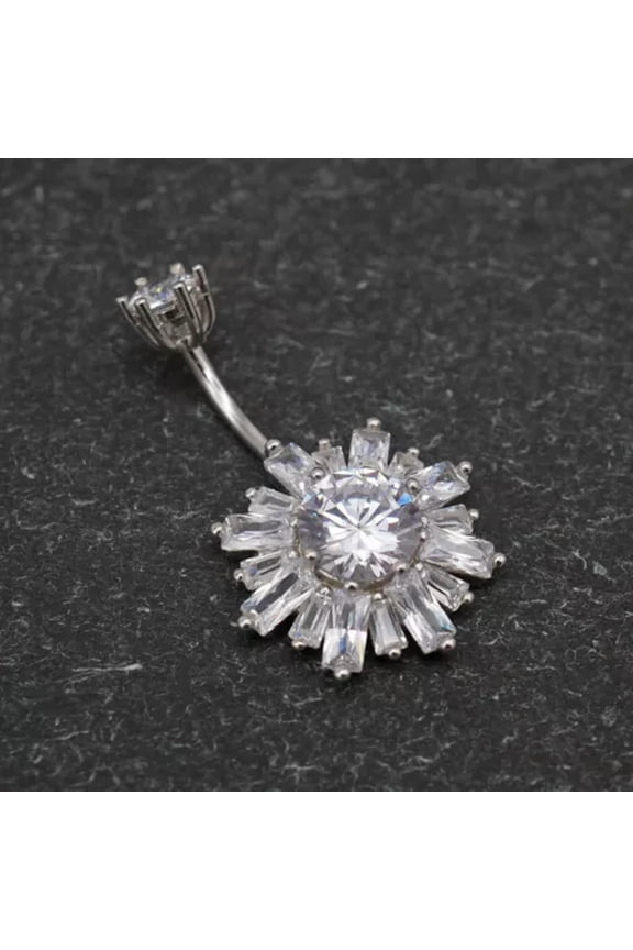 Sterling Silver Baguette CZ Crystal Belly Bar Button Navel Ring Piercing A4397-8mm