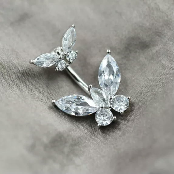 QQTDFG Sterling Silver Butterfly CZ Crystal Belly Bar Button Navel Ring Piercing A1072-6mm