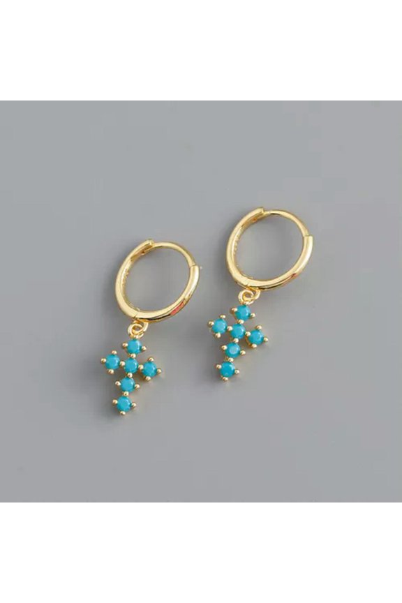 Sterling Silver CZ Cross Huggie Hoop Dangle Drop Earrings F1256-D - Gold with Blue Stone