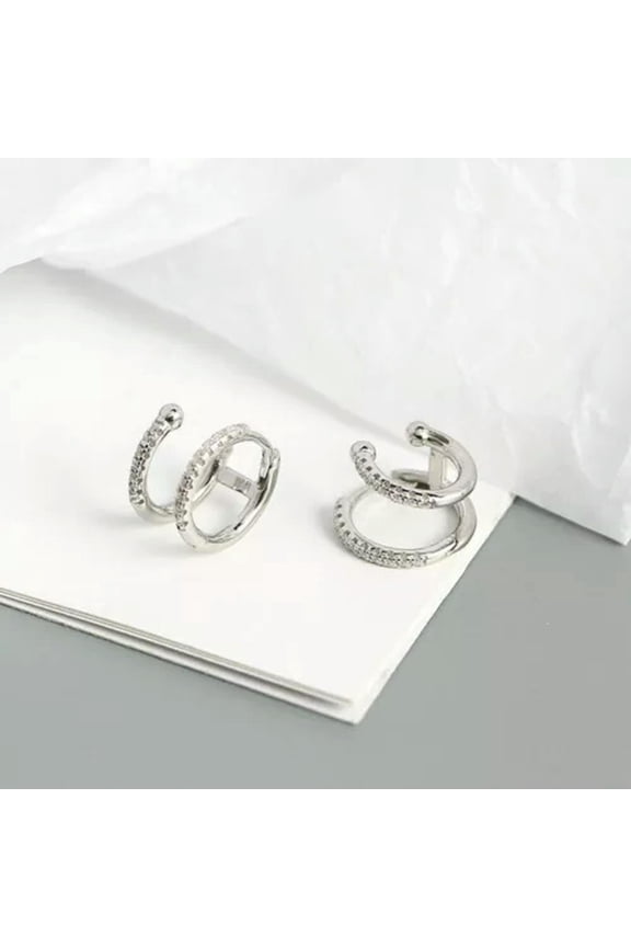 Sterling Silver CZ Zirconia Double Layers Ear Cuff Huggie Hoop Earrings F0275-Silver