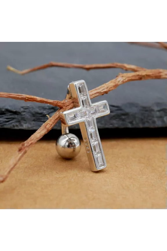 Sterling Silver Cross Square CZ Belly Bar Button Navel Ring Piercing A1519-10mm