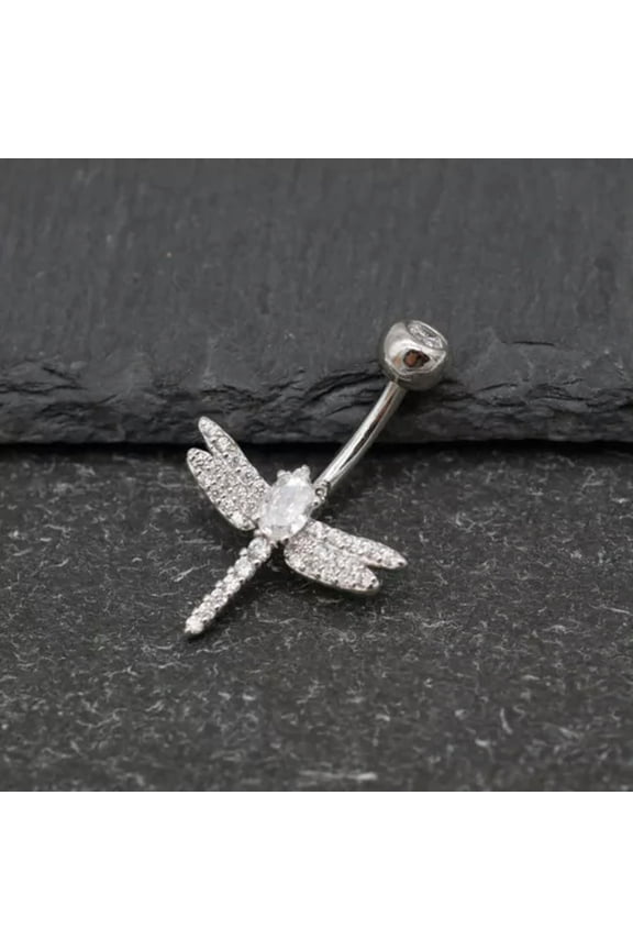 Sterling Silver Dragonfly CZ Crystal Belly Bar Button Navel Ring Piercing A4403-8mm