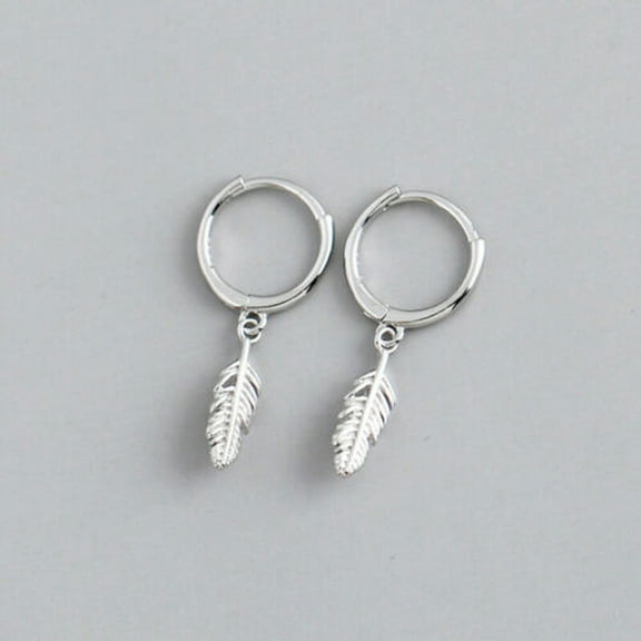 QQTDFG Sterling Silver Feather Charm Huggie Hoop Drop Earrings F0137-Silver