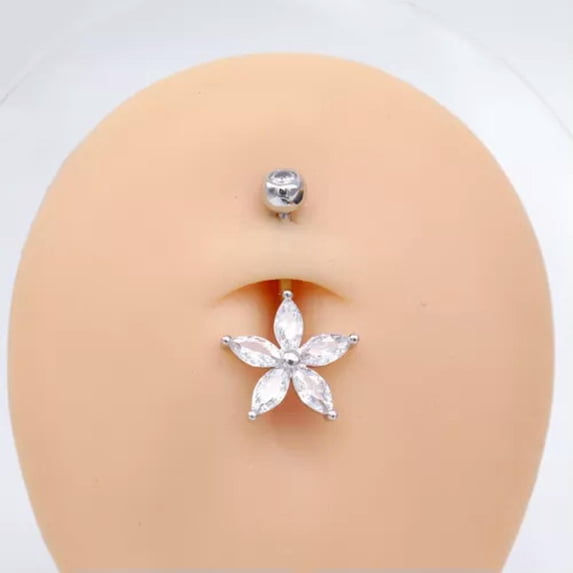 QQTDFG Sterling Silver Flower CZ Crystal Belly Bar Button Navel Ring Piercing A4399-8mm