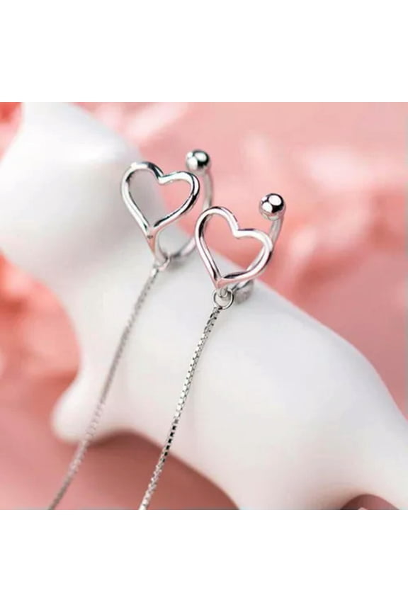 Sterling Silver Heart Ear Cuff Ear Thread Threader Pull Through Earring A1468-1 pair