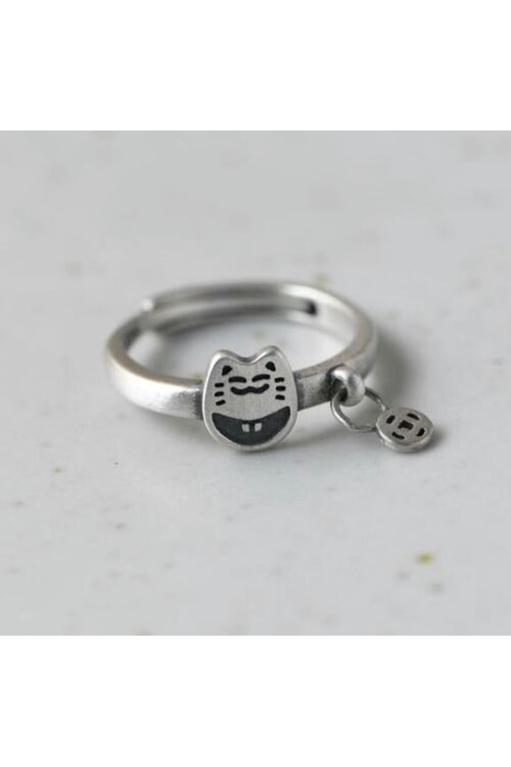 Sterling Silver Lucky Maneki Neko Fortune Cat Ring A3194-6