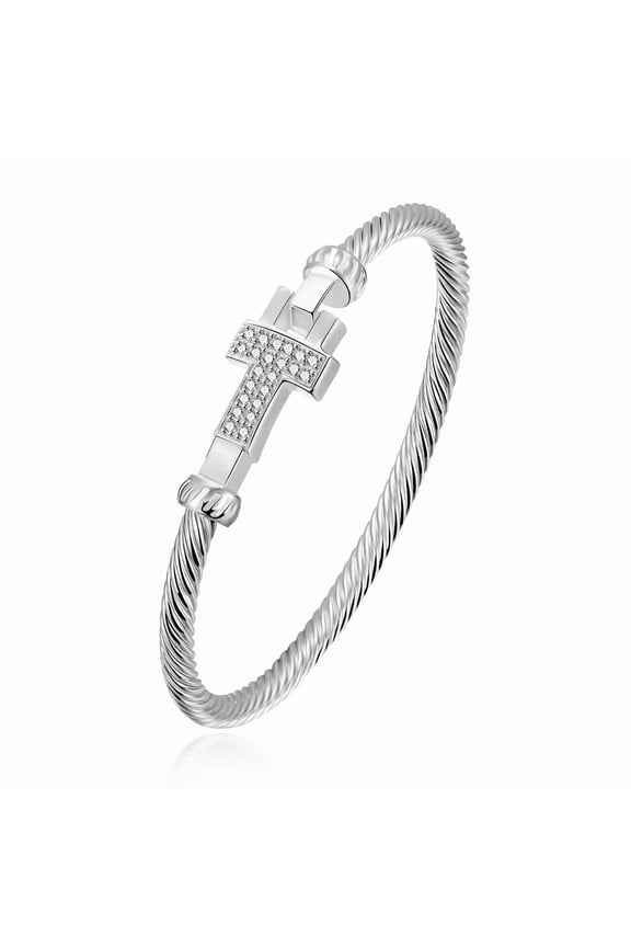 Sterling Silver Plated Bracelet Cross Bangle 4MM Hook L243-default