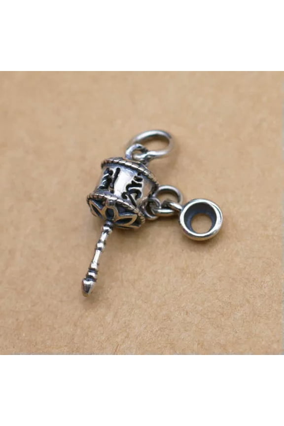 Sterling Silver Small Prayer Wheel Charm Pendant Buddhist Om Ohm Mantra A5213-Oxidized-1 piece