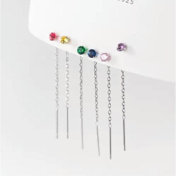QQTDFG Sterling Silver Threader Solitaire Colored CZ Ear Thread Line Earrings A4509-Pink