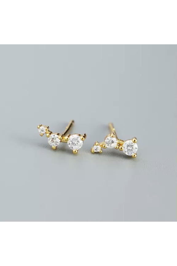 Sterling Silver Triple Cubic Zirconia Climber Stud Earrings A1293-B - Gold with Clear Stone