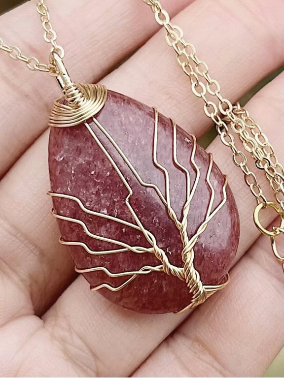 Strawberry Quartz Tree Of Life Necklace Chakra Water-Drop Reiki Healing Amulet-default