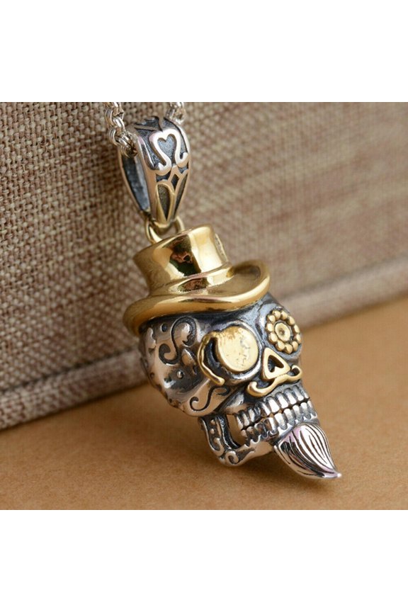 Sugar Skull Skeleton Pendant Sterling Silver &Brass Biker Gothic Men A2535-default