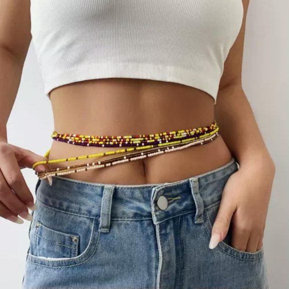 QQTDFG Temperament Beige Bead Waist Chain Beach Vacation Style Chain-D