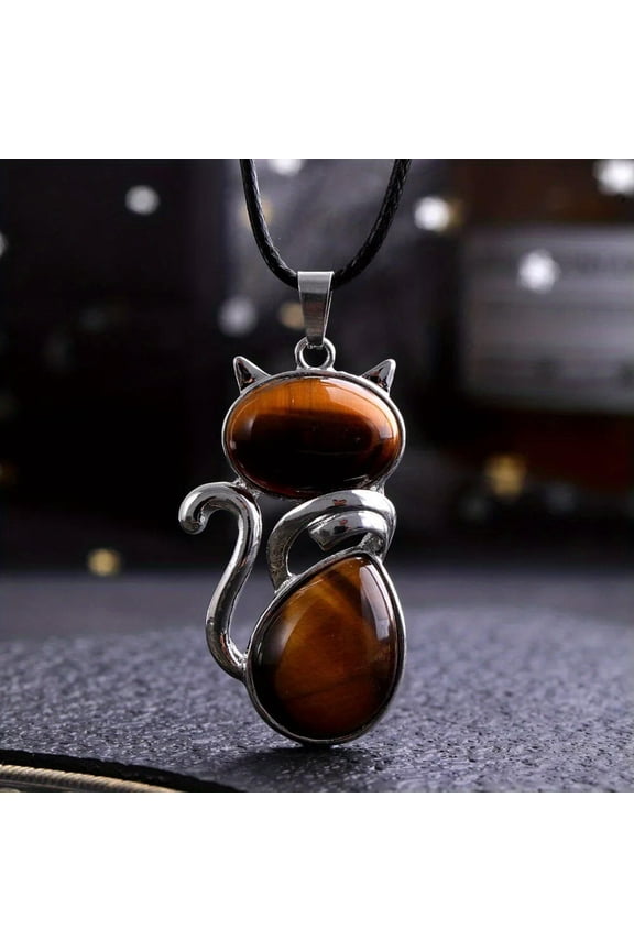 Tiger eye Gems Cat Crystal Necklace Magic Reiki Healing Amulet-default