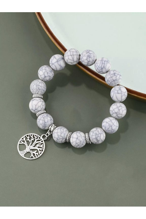 Tree Detail Round Charm Beaded Bracelet Stackable Stretch Bracelets Colorful-default