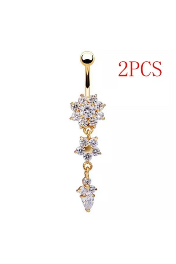 Trendy Bar Flower Belly Navel Ring Crystal Snow Body Piercing-Gold-2pcs