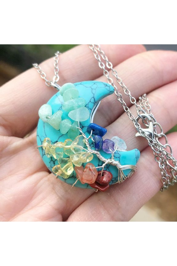 Turquoise Gem Stone Tree Of Life Moon Necklace Chakra Reiki Healing Amulet-default