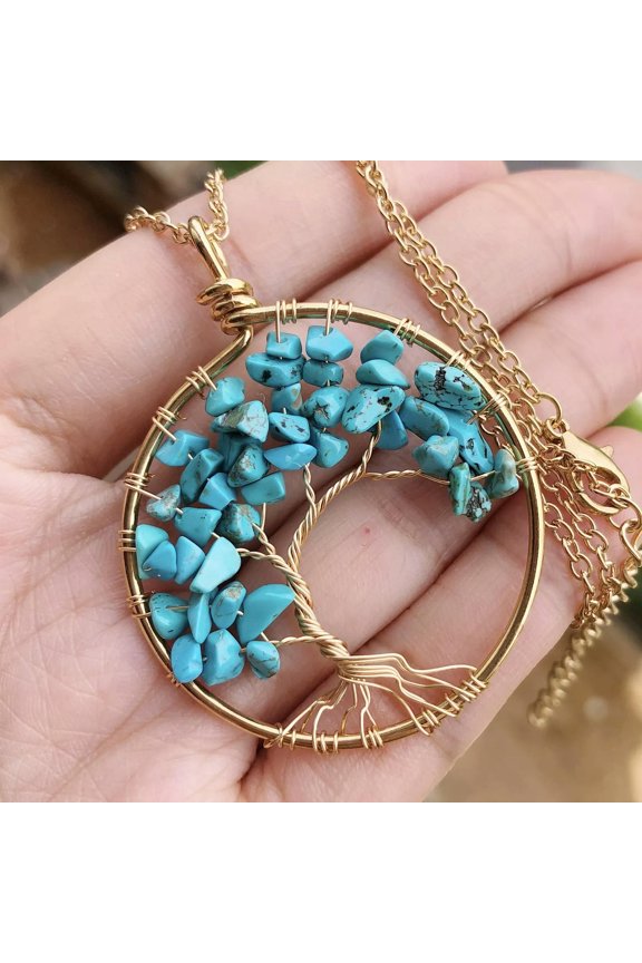 Turquoise Gem Stone Tree Of Life Water-Drop Necklace Chakra Reiki Healing Amulet-default