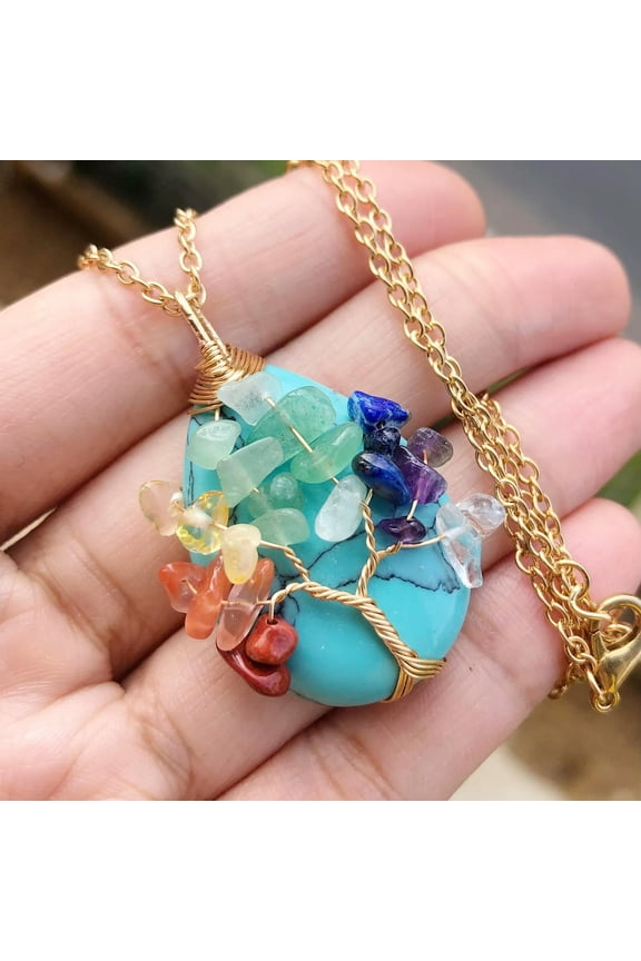 Turquoise Gem Stone Tree Of Life Water-Drop Necklace Chakra Reiki Healing Amulet-default