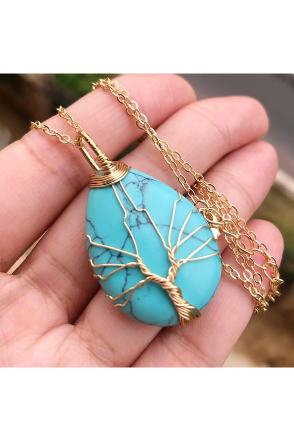 Turquoise Gem Tree Of Life Necklace Chakra Water-Drop Reiki Healing Amulet-default