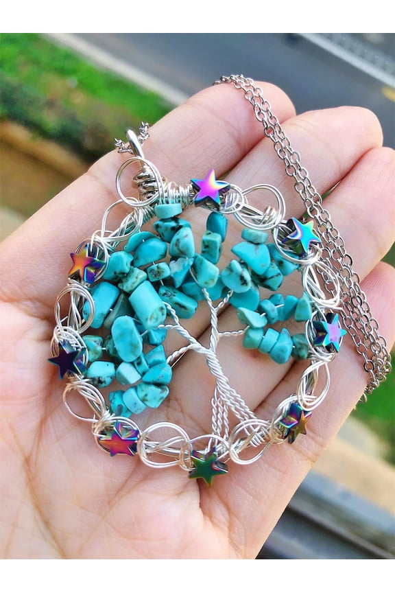 Turquoise Gem Tree Of Life Water-Drop Necklace Chakra Reiki Healing Amulet-default