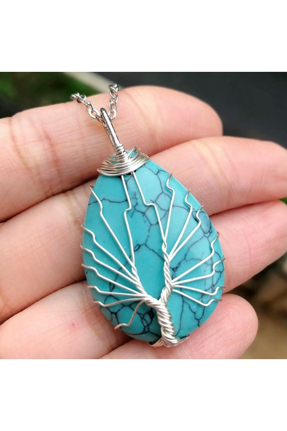 Turquoise Gems Tree Of Life Necklace Water-drop Chakra Reiki Healing Amulet-default