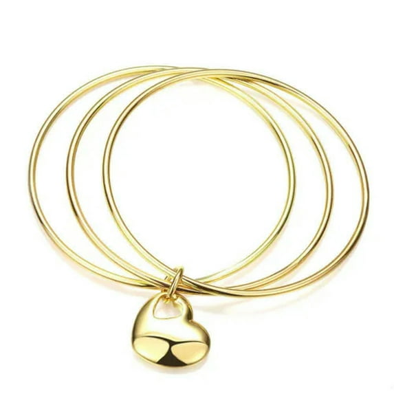 QQTDFG Unisex 925 Sterling Yellow Gold Silver Plated Heart Bangle Charm Bracelet L68-Gold