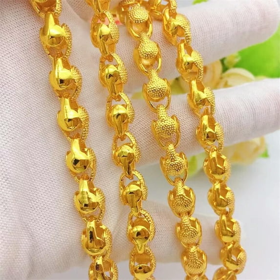 QQTDFG Unisex Jewelry 24K Yellow Gold Plated Smooth Sandy Hollow Beads Chains Necklace -default